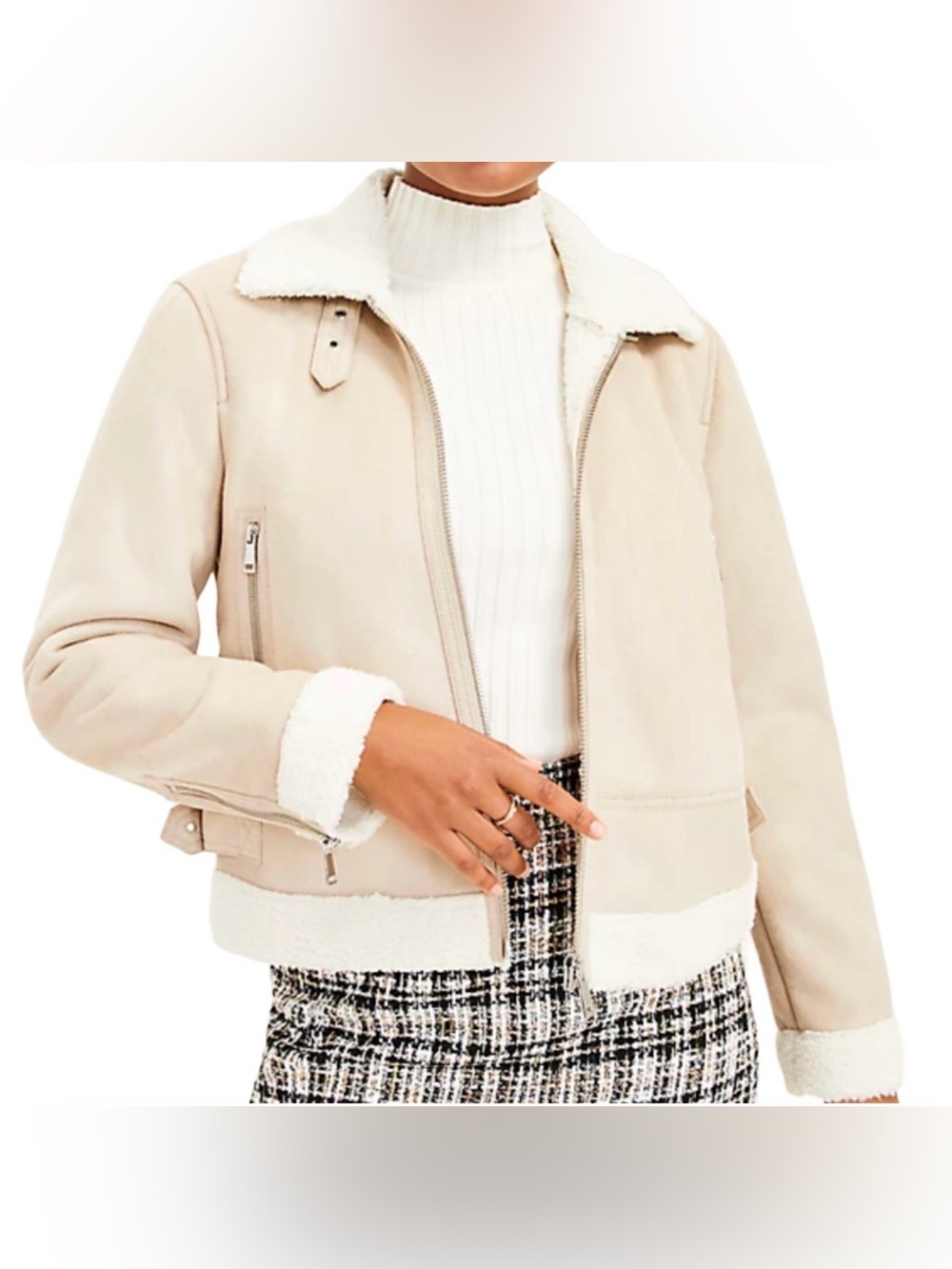 NEW LOFT ANN TAYLOR DRIFTED SAND FAUX SUEDE AVIATOR SHERPA JACKET COAT SZ M